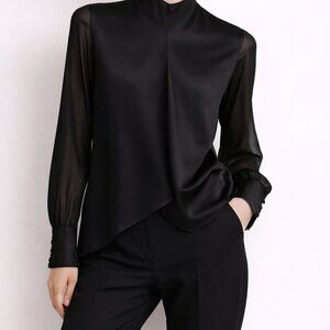 Lafayette 148 Women's Top Crossover 100% Silk Blouse Sheer Black Size M NWT